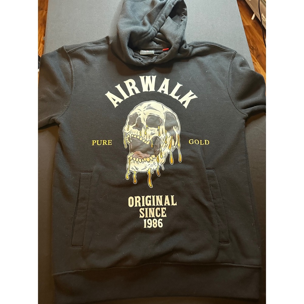Airwalk Mens XS Black Melting Skull Graphic Hoodie Pure Gold Original Since 1986